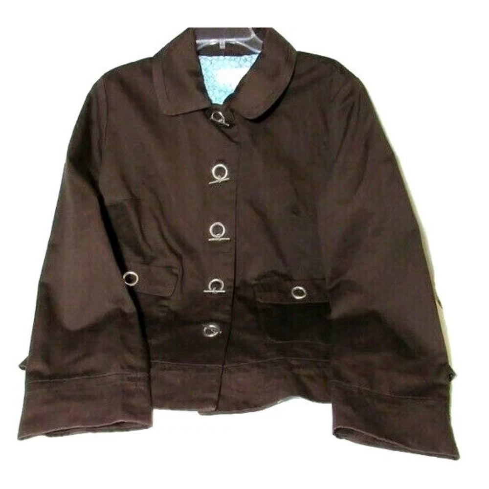 Merona Brown Jacket Grommet Button Front Blue Floral Lining Women’s M Medium